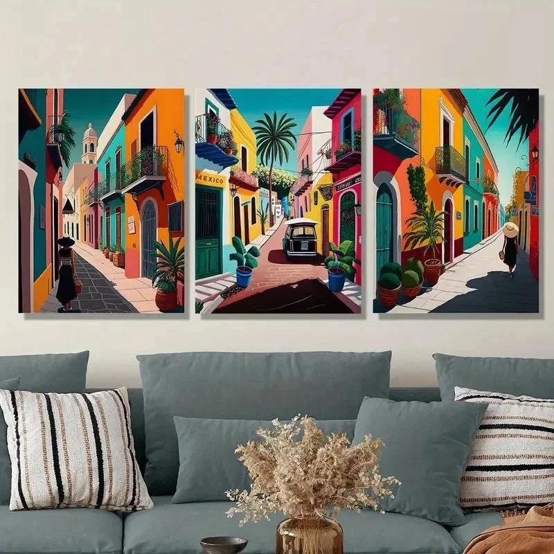 3pcs Colorful Retro Mexican Street Mural Perfect Wall Art Set Canvas Framed 60x90cm - High Quality Print 100% Australian Made Wall Canvas Ready to Hang - Bella Home Decor