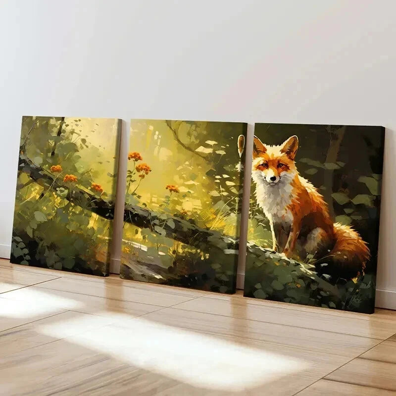 3pcs Including a Fox in a Forest Designed Wall Art Set Canvas Framed 50x70cm - High Quality Print 100% Australian Made Wall Canvas Ready to Hang - Bella Home Decor