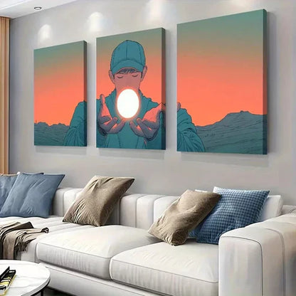 3pcs Boy Holding Glowing Sphere in Desert Wall Art Set Canvas Unframed - High Quality Print 100% Australian Made Wall Canvas - Bella Home Decor