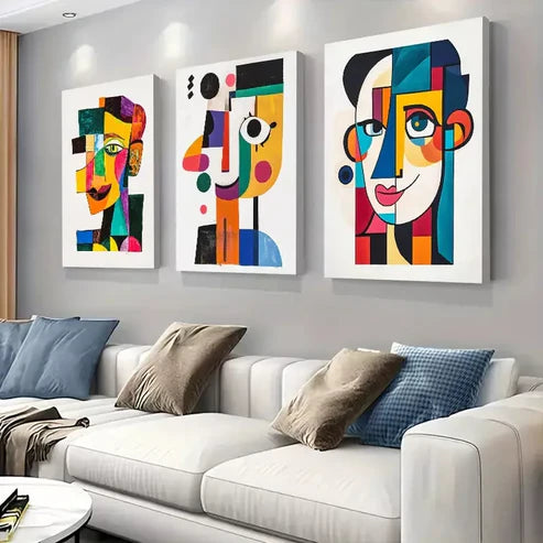 3pcs Vibrant Cubist-Style Face Triptych Wall Art Set Wall Art Canvas Unframed - High Quality Print 100% Australian Made Wall Canvas