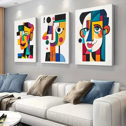 3pcs Vibrant Cubist-Style Face Triptych Wall Art Set Wall Art Canvas Unframed - High Quality Print 100% Australian Made Wall Canvas