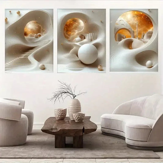 3pcs Futuristic 3D Space Buildings & Passages Wall Art Set Canvas Framed 50x70cm - High Quality Print 100% Australian Made Wall Canvas Ready to Hang