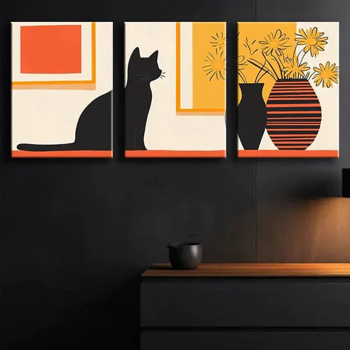 3pcs Colorful Modern Black Cat & Yellow Perfect Wall Art Set Canvas Unframed - High Quality Print 100% Australian Made Wall Canvas - Bella Home Decor