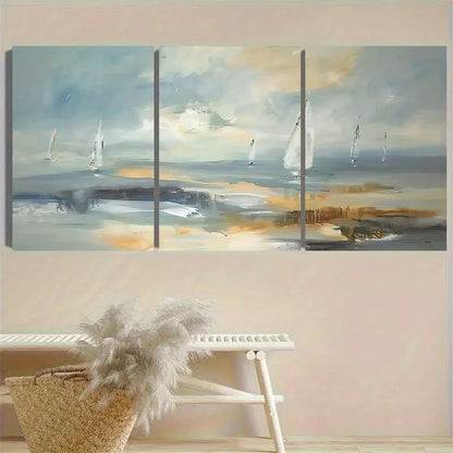 3pcs Seascape with Sailboats Vintage Wall Art Set Canvas Framed 50x70cm - High Quality Print 100% Australian Made Wall Canvas Ready to Hang - Bella Home Decor