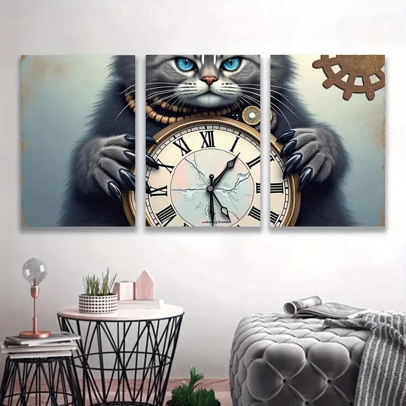 3pcs Grey Cat with Pocket Watch Spray Paint Art   Wall Art Set Canvas Framed 40x60cm - High Quality Print 100% Australian Made Wall Canvas Ready to Hang