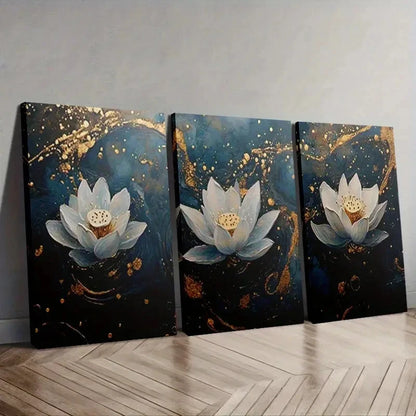 3pcs Elegant Blue & Golden for Lotus Flower Wall Art Set Canvas Framed 40x60cm - High Quality Print 100% Australian Made Wall Canvas Ready to Hang