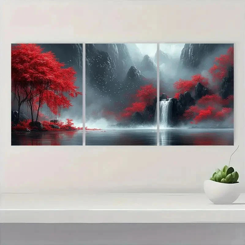 3pcs Fantasy Red Trees & WaterfallsT  Wall Art Set Canvas Framed 40x60cm - High Quality Print 100% Australian Made Wall Canvas Ready to Hang