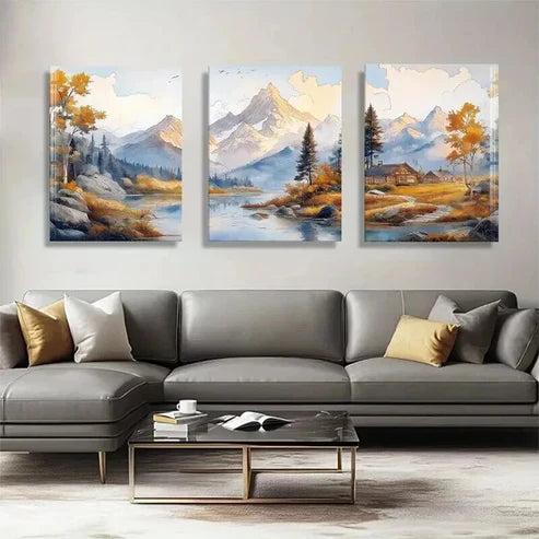 3pcs Scenic Autumn Views with Majestic Mountains  Wall Art Set Canvas Unframed - High Quality Print 100% Australian Made Wall Canvas
