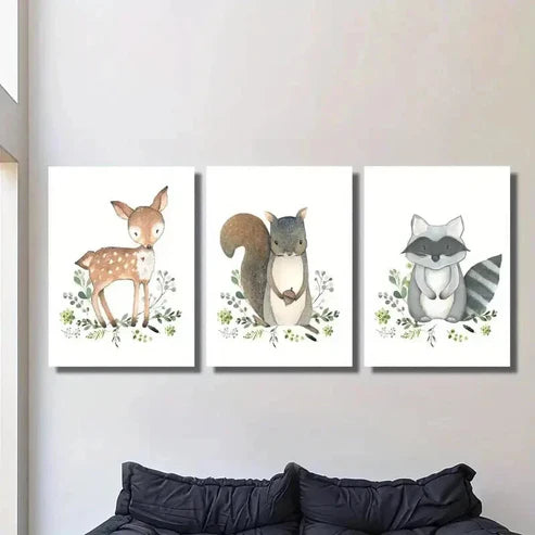 3pcs Cute Baby Deer Squirrel Raccoon Wall Art Set Canvas Unframed - High Quality Print 100% Australian Made Wall Canvas - Bella Home Decor