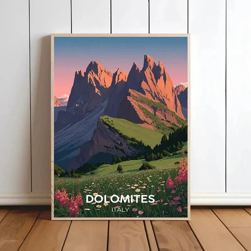 Dolomites Italy Pink Sky Alps Wildflowers Peaks Travel Poster Print Wall Art