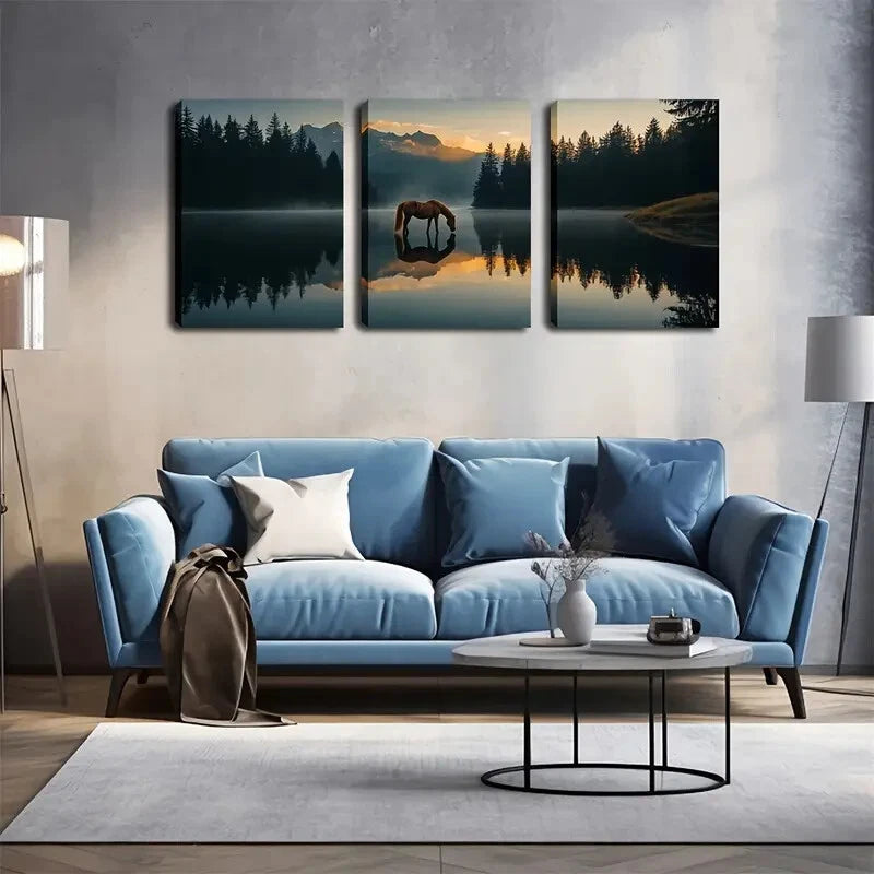 3pcs Majestic Horse In Forest And Lake Perfect Wall Art Set Canvas Framed 60x90cm - High Quality Print 100% Australian Made Wall Canvas Ready to Hang - Bella Home Decor