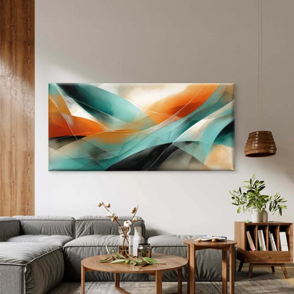 Abstract Turquoise & Orange Flow Wall Art Canvas Office Home Room Framed 120x60cm