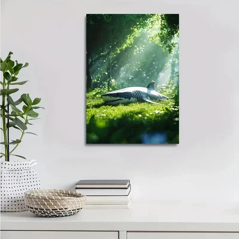 Cyberpunk Shark on Grass in Lush Green Meadow Painting 40x60cm Metal Print Ready to Hang - Bella Home Decor