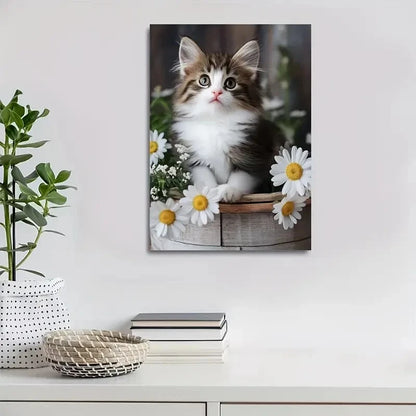 Norwegian Forest Cat Kitten with Flowers Painting 40x60cm Metal Print Ready to Hang - Bella Home Decor