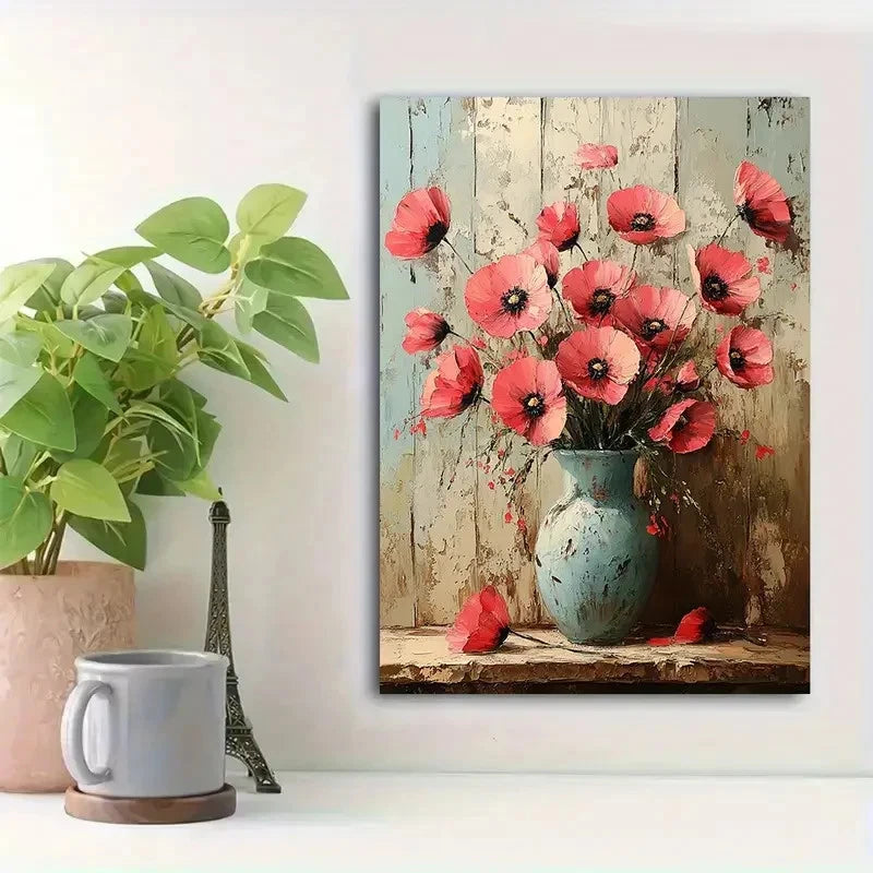 Beautiful Poppy Painting with Rustic Flower 40x60cm Metal Print Ready to Hang - Bella Home Decor