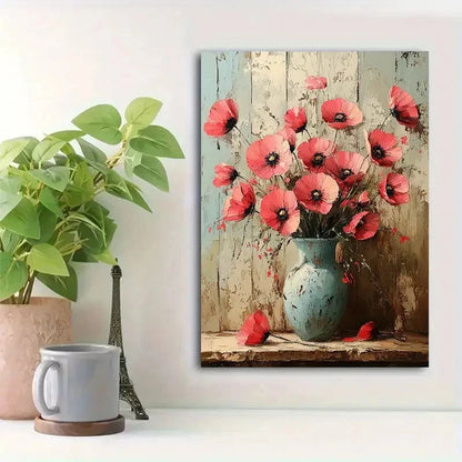 Beautiful Poppy Painting with Rustic Flower 40x60cm Metal Print Ready to Hang - Bella Home Decor
