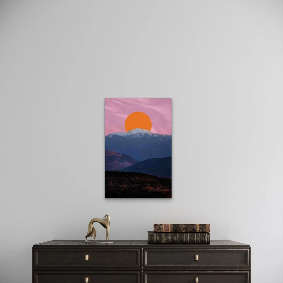 Layered Mountain Silhouettes with a Large, Orange Sun Metal Print Ready to Hang