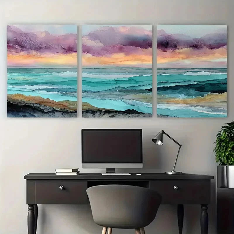 3pcs Beach Sunrise Watercolor Décor Perfect Wall Art Set Canvas Framed 40x60cm - High Quality Print 100% Australian Made Wall Canvas Ready to Hang - Bella Home Decor
