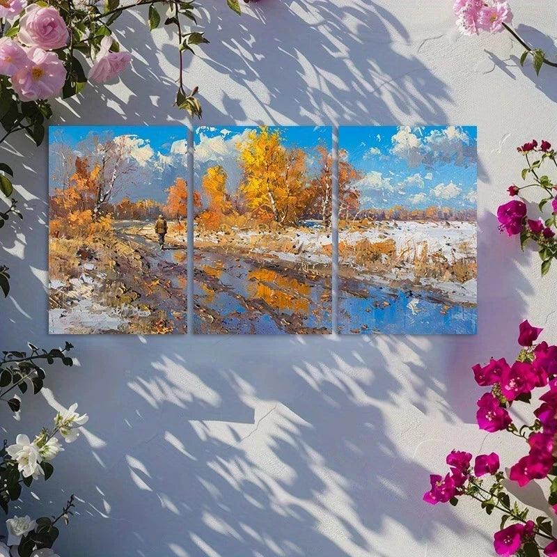 3pcs Strolling Road Landscape Metal Print Ready to Hang Art