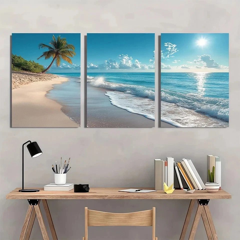 3pcs Tropical Beach and Palm Tree Wall Art Set Canvas Framed 40x60cm - High Quality Print 100% Australian Made Wall Canvas Ready to Hang