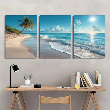 3pcs Tropical Beach and Palm Tree Wall Art Set Canvas Framed 40x60cm - High Quality Print 100% Australian Made Wall Canvas Ready to Hang