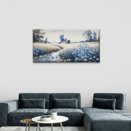 Blue Flowers White House Pine Wall Art Canvas Office Home Room Framed 120x60cm