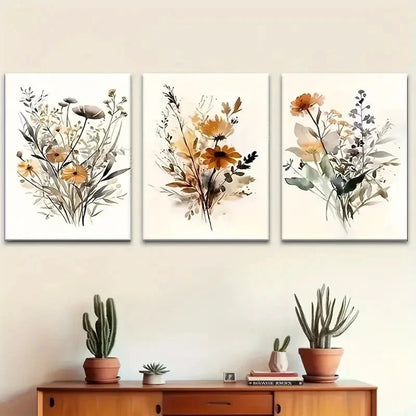 3pcs Wildflower Art Painting Bohemian Style Metal Print Ready to Hang Art - Bella Home Decor