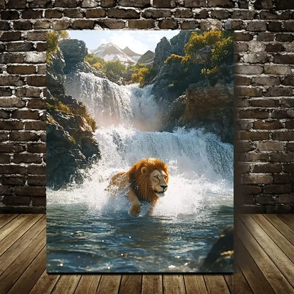 Lion Splashing In Crystal Clear Waterfall Painting 40x60cm Metal Print Ready to Hang - Bella Home Decor