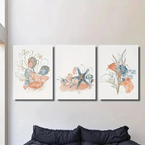 3pcs Abstract Seashell Coral Seaweed Wall Art Canvas Unframed - High Quality Print 100% Australian Made Wall Canvas - Bella Home Decor