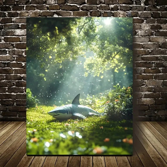 Shark in Lush Meadow with Sunbeams & Trees Painting 40x60cm Metal Print Ready to Hang - Bella Home Decor