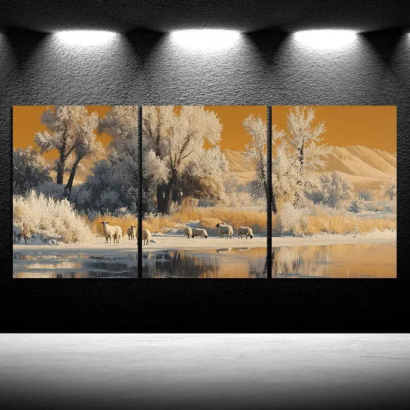 3pcs Sheep In The Snow Modern White Trees Metal Print Ready to Hang Art - Bella Home Decor