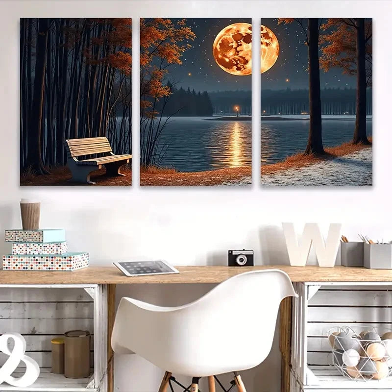3pcs Tranquil Lake Scene with Moonlit Night Wall Art Set Canvas Framed 50x70cm - High Quality Print 100% Australian Made Wall Canvas Ready to Hang