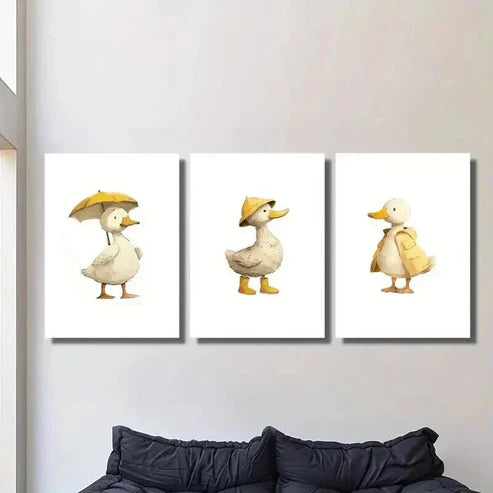 3pcs Duck Holding Umbrella with Hat and Cloths Wall Art Canvas Unframed - High Quality Print 100% Australian Made Wall Canvas