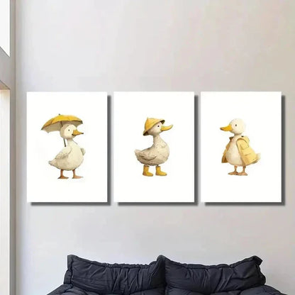 3pcs Duck Holding Umbrella with Hat and Cloths Wall Art Canvas Unframed - High Quality Print 100% Australian Made Wall Canvas