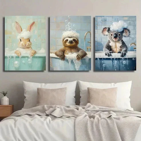 3pcs Cute Bunny Sloth Raccoon in Bathtub Wall Art Set Canvas Unframed - High Quality Print 100% Australian Made Wall Canvas - Bella Home Decor