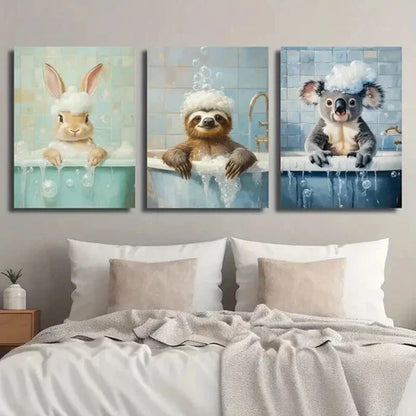 3pcs Cute Bunny Sloth Raccoon in Bathtub Wall Art Set Canvas Unframed - High Quality Print 100% Australian Made Wall Canvas - Bella Home Decor