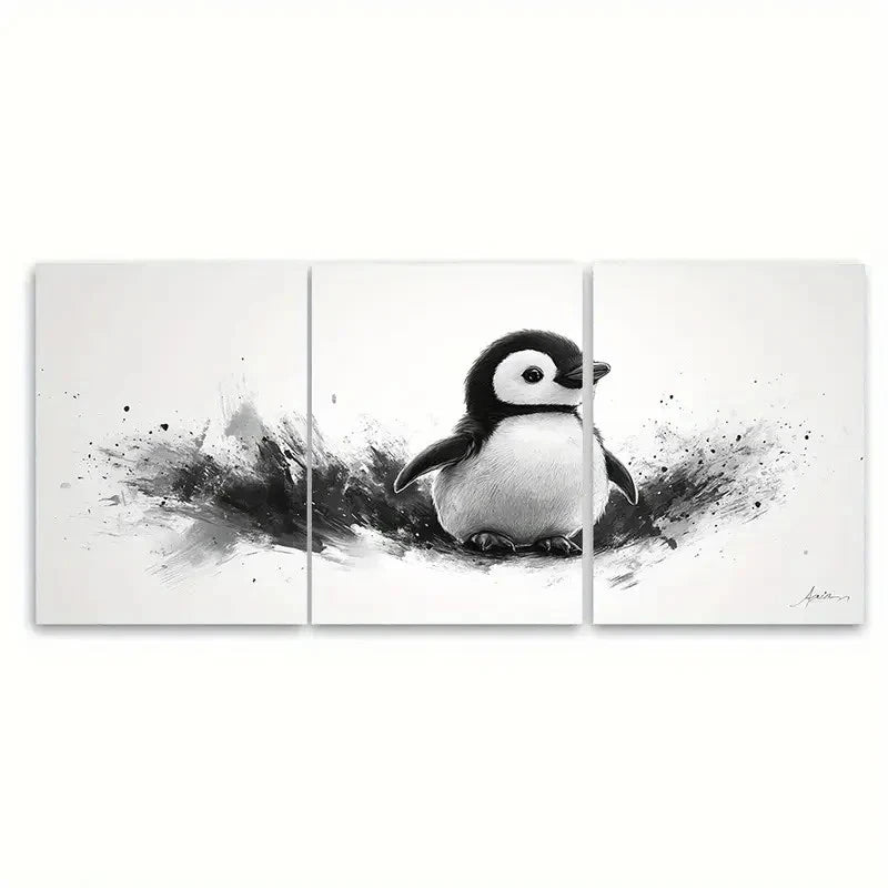 3pcs Black White Sketch Fluffy Penguin DI  Wall Art Set Canvas Framed 40x60cm - High Quality Print 100% Australian Made Wall Canvas Ready to Hang - Bella Home Decor