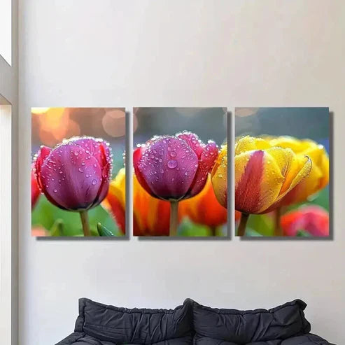 3pcs Tulips in the Rain Floral Themed Wall Art Canvas Unframed - High Quality Print 100% Australian Made Wall Canvas