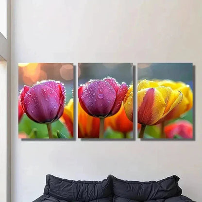 3pcs Tulips in the Rain Floral Themed Wall Art Canvas Unframed - High Quality Print 100% Australian Made Wall Canvas