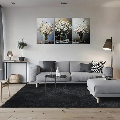 3pcs Daisy White Flower Green Leaves Metal Print Ready to Hang Art - Bella Home Decor