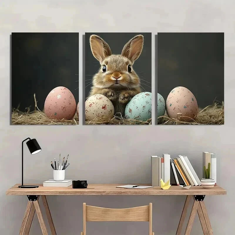 3pcs Black Retro Easter Bunny Pastel Perfect Wall Art Set Canvas Framed 50x70cm - High Quality Print 100% Australian Made Wall Canvas Ready to Hang - Bella Home Decor