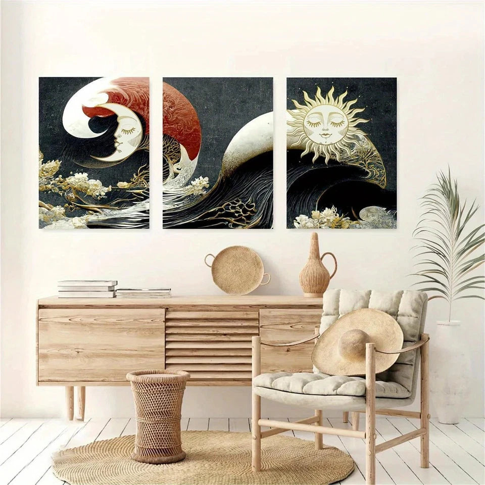 3pcs Sun and Moon Japanese Ocean Metal Print Ready to Hang Art