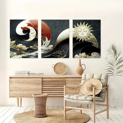 3pcs Sun and Moon Japanese Ocean Metal Print Ready to Hang Art