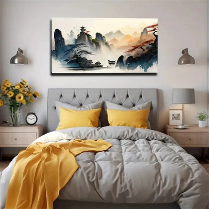 Serene Mountain & Lake Scene Wall Art Canvas Office Home Room Framed 120x60cm.