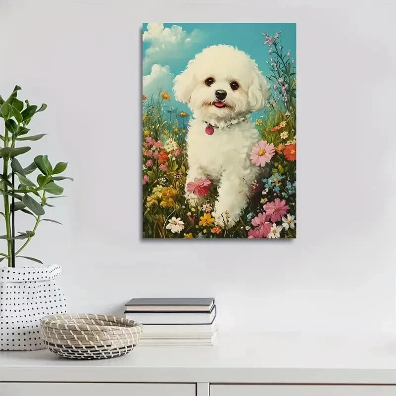 Cute Bichon Frise Dog with Flowers & Plants Painting 40x60cm Metal Print Ready to Hang - Bella Home Decor