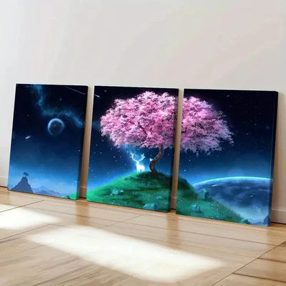 3pcs Sparkling Deer Starry Sky & Cherry Blossom Wall Art Canvas Unframed – High Quality Print 100% Australian Made Wall Canvas