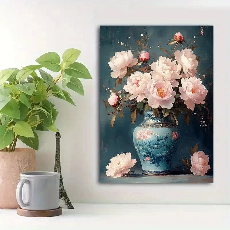 Beautiful Vase & Pink Peony Flowers Painting 40x60cm Metal Print Ready to Hang