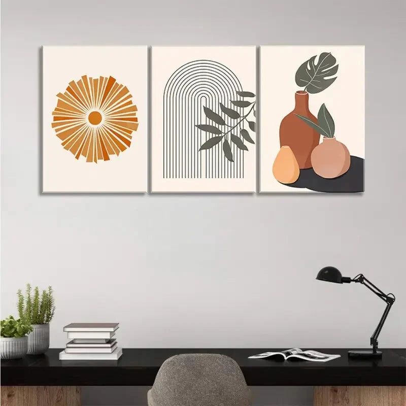 3pcs Geometric Abstract Orange &amp; Red Botanical Metal Print Ready to Hang Art