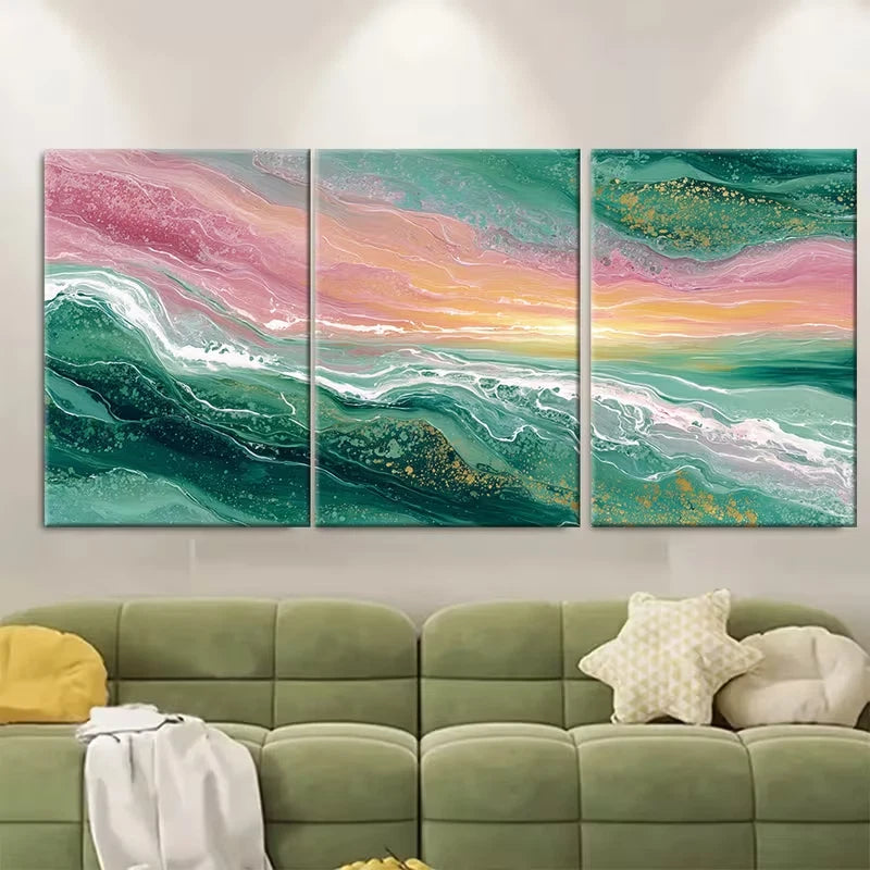 3pcs Sunrise Abstract Painting Green Ocean Abstrac Metal Print Ready to Hang Art