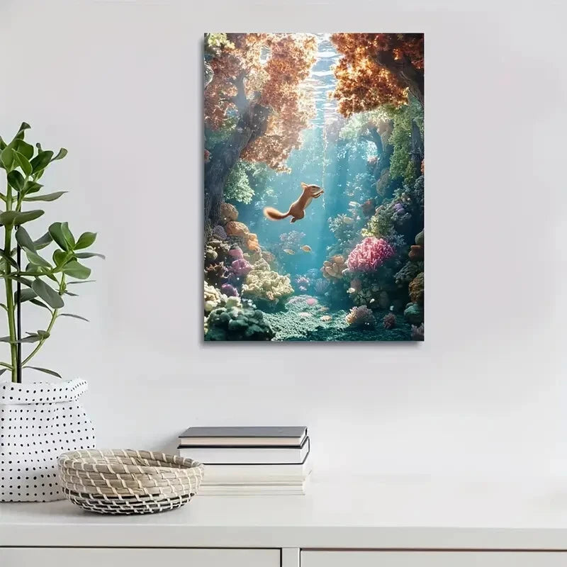 Realistic Scene Squirrel Swinging From Tree Painting 40x60cm Metal Print Ready to Hang - Bella Home Decor